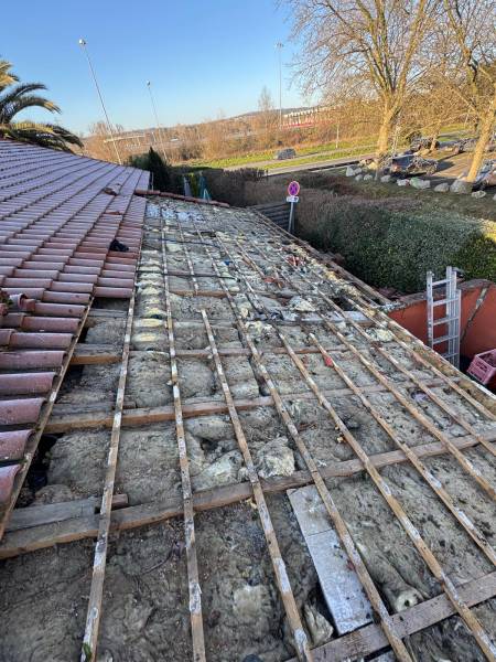 Dépose en cour de la vielle tuile G13 , modele qui ne ce fabique plus pour mettre de la DC12 en remplacement avec une piece de zinc pour raccord de ces deux modele differents par les 2 charpentiers a Toulouse ou a Albi.