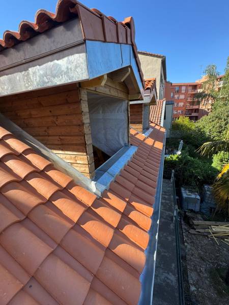 Rénovation des habillages de planche de rive en zinc, et du bardage en bois par les 2 charpentiers, artisan zingueur a Couffouleux, proche de Rabastens 